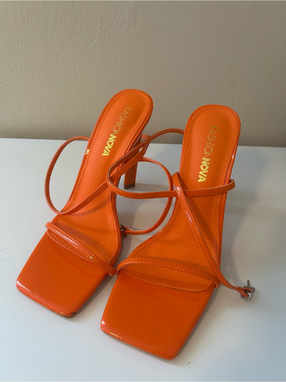 Fashion Nova Bright Orange Patent Strappy Square-Toe Heels